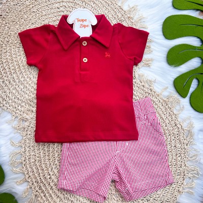 Conj Camisa Polo e Short Xadrez Vermelho